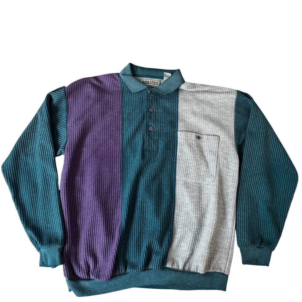 Vintage (Huk-a-Poo) | 90s Teal Colorblock Unisex Ribbed Knit Polo | 1X